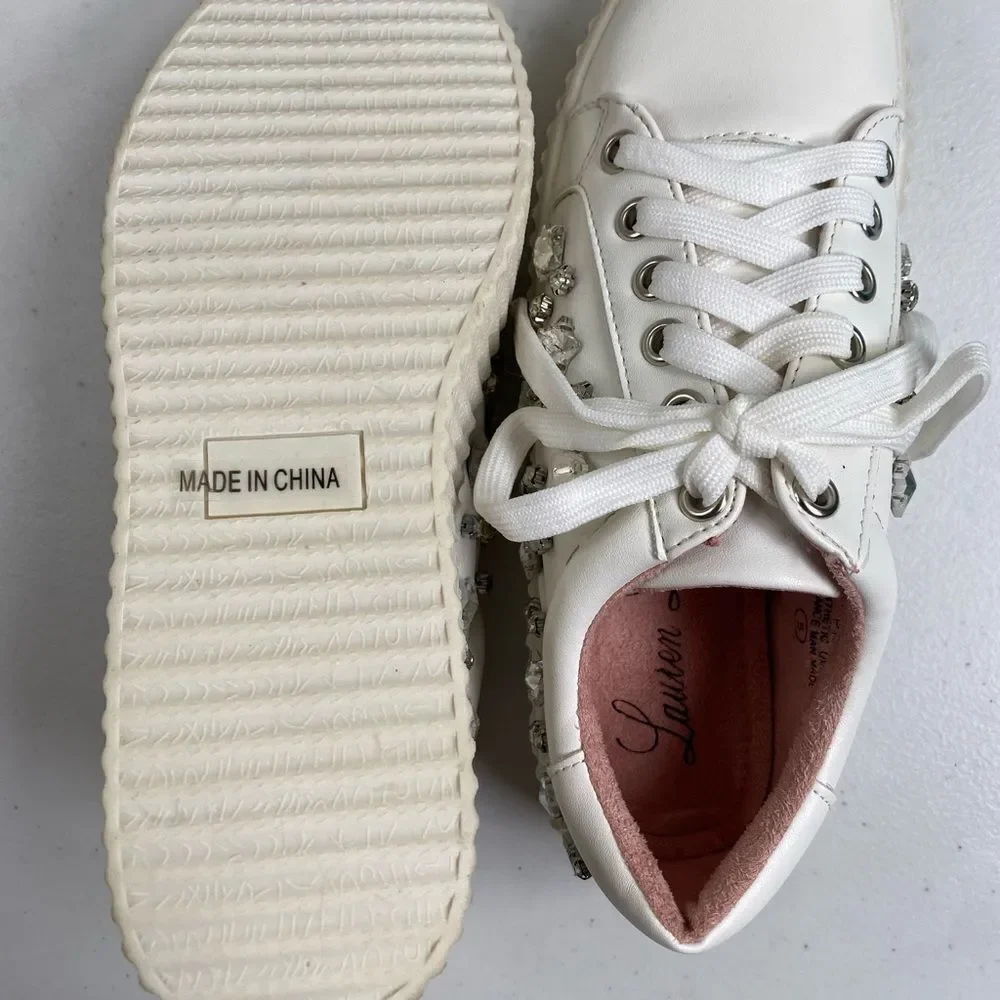 NIB Lauren Lorraine Girls White “Pam” White Rhinestone Lace Up Sneakers Size 5.5